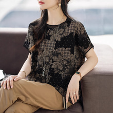 宽松显瘦短袖气质设计感t恤女2025夏季新款印花雪纺衫上衣批发