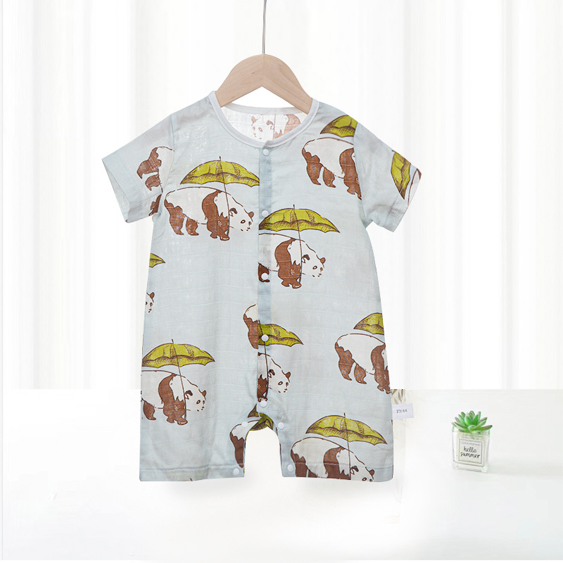 Ropa fresca de verano para bebé, mono de manga corta de gasa de algodón de bambú antibacteriano tipo A, fino.