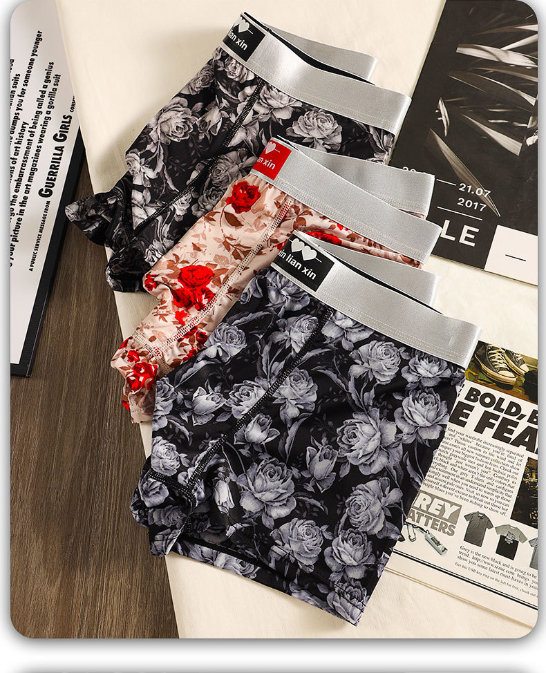Men's Boxer Briefs Ice Silk Mid Waist Trendy Rose Print Trunks_voghion.com
