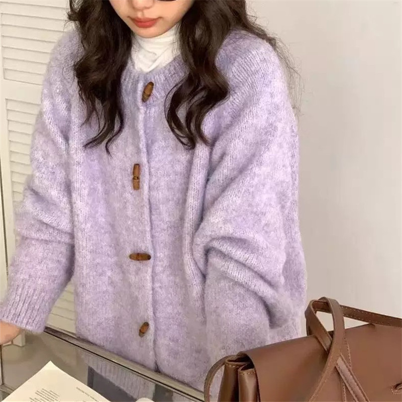 温柔氛围复古牛角扣针织开衫女2025秋冬新款宽松软糯休闲毛衣外套|undefined