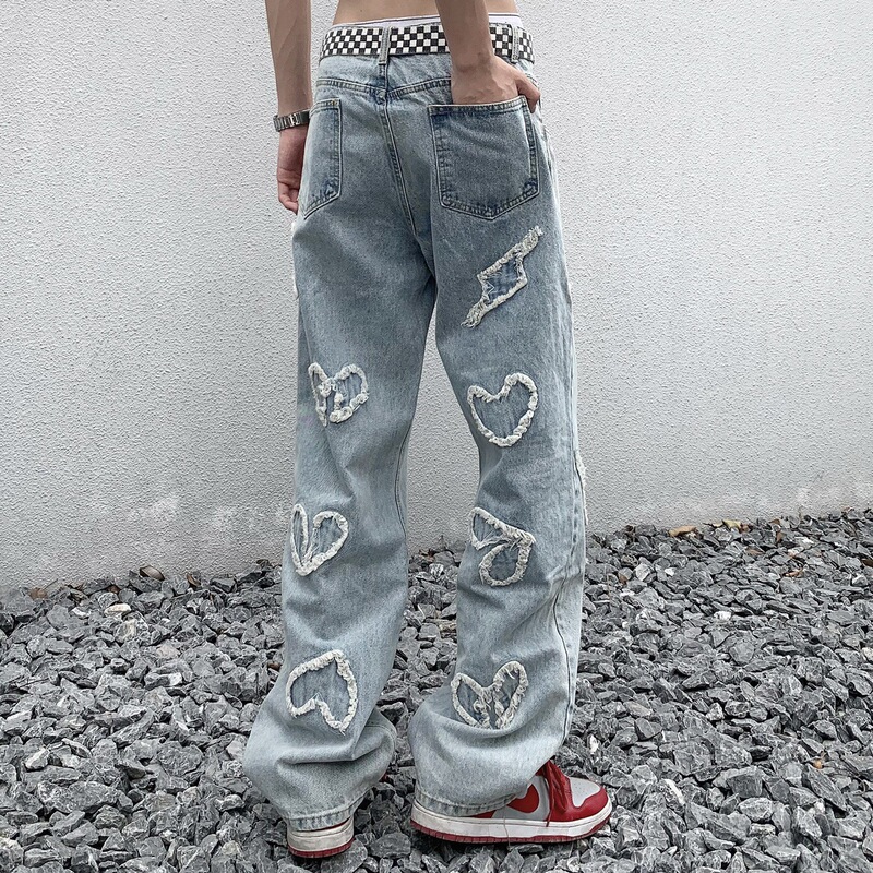 Jeans Men's High Street Washed Discovered Cloth Decorative vibe Style Ruffled Stitching Micro Horn ins Trousers for Men and Women