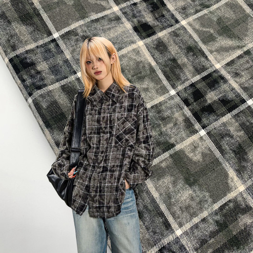 Vintage print process 21S plush grid shirt fabric, sandblasted shirt jacket pants material grid fabric