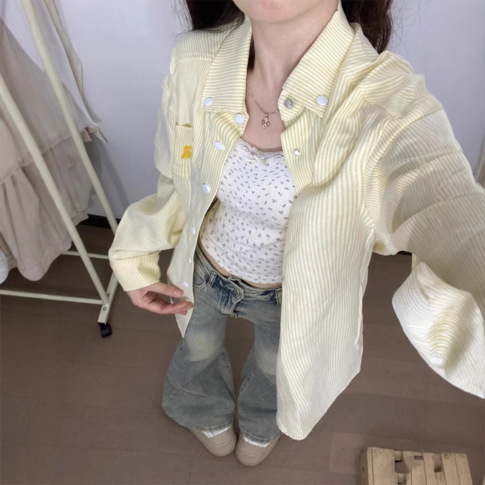 American Style Retro Yellow Striped Polo Collar Shirt Coat Women's Spring and Autumn Loose Casual Cardigan Lazy Chic Top
