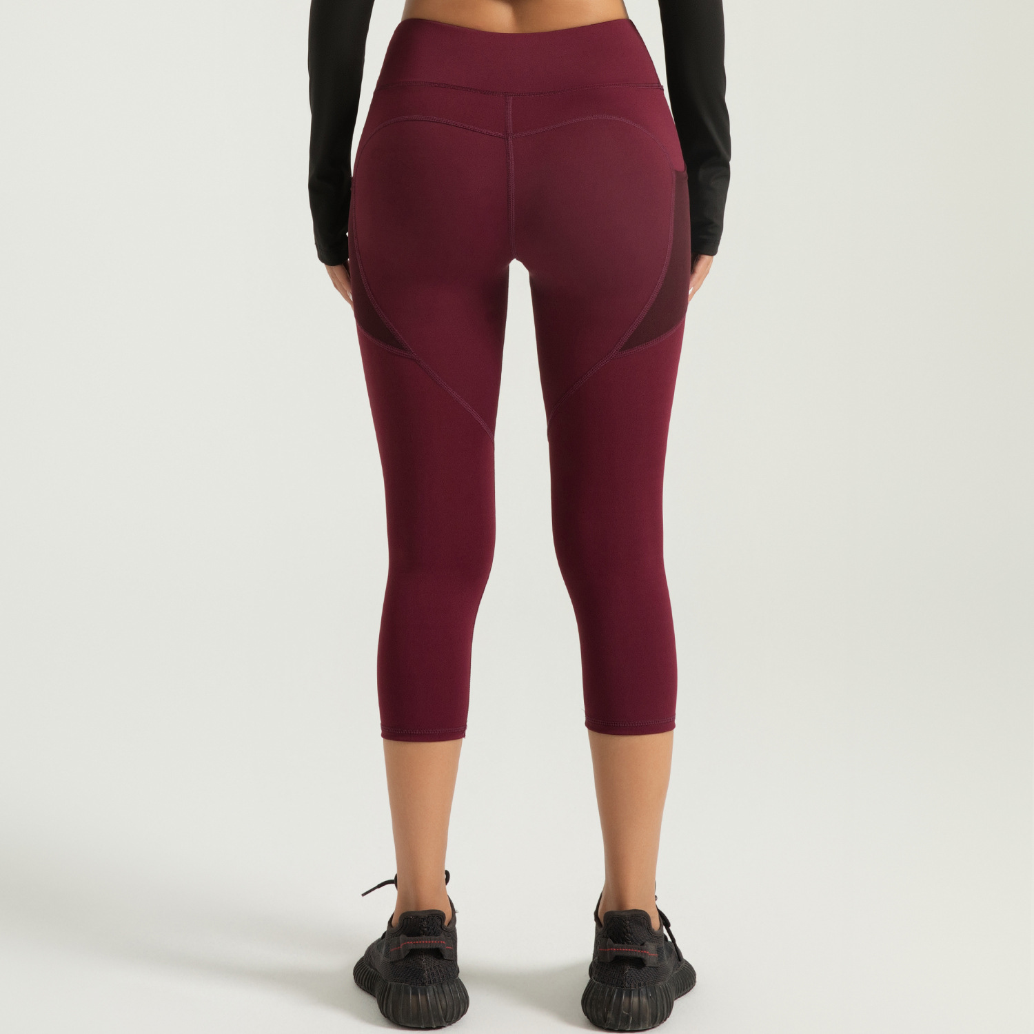 Pocket lateral de la sala de vestir de siete puntos de pantalones de cintura alta de gimnasio para mujeres, pantalones de gimnasio de alta cadera de melocotón, pantalones deportivos, pantalones de calzado