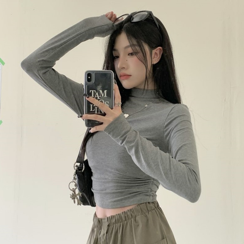 De Rong Half-High Collar Base Layer T-Shirt for Women, Autumn and Winter Inner Wear, Slim Fit, Pleated, Pure Desire Style, Long-Sleeved, Short, Warm Top