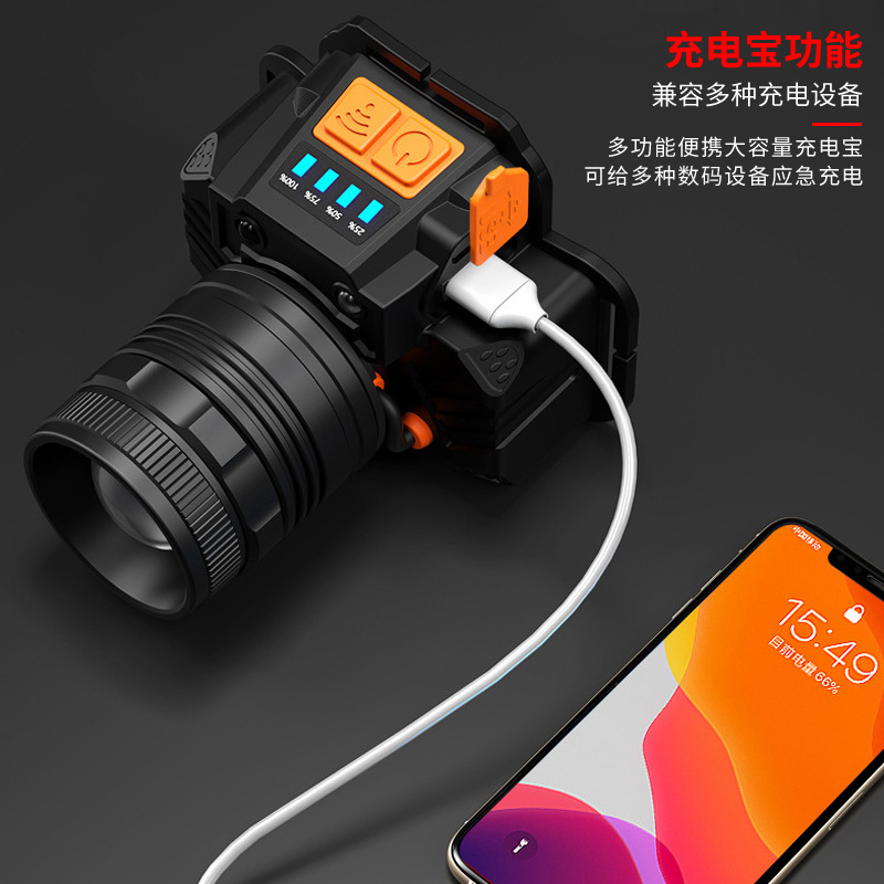 Linterna de inducción ligera fuerte transfronteriza Linterna de iluminación al aire libre montada en la cabeza de Emergencia integrada de carga USB