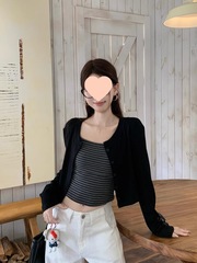 小众撞色条纹吊带背心辣妹套装女秋季气质长袖开衫短款外套两件套