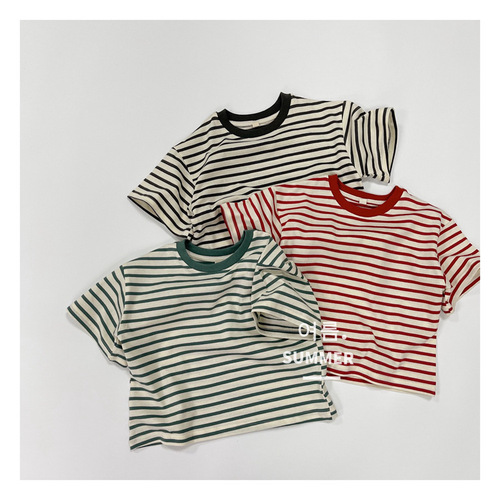 Cool and breathable striped Korean style children's short-sleeved T-shirt summer new style for boys and girls knitted casual striped T-shirt cotton