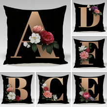 跨境玫瑰花朵黑金字母抱枕套家居布艺客厅沙发方形抱枕床头靠背枕