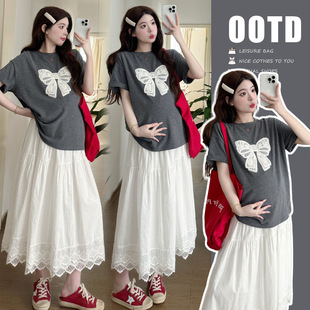 Real shot in stock 2025 summer cotton top skirt pregnant women suit