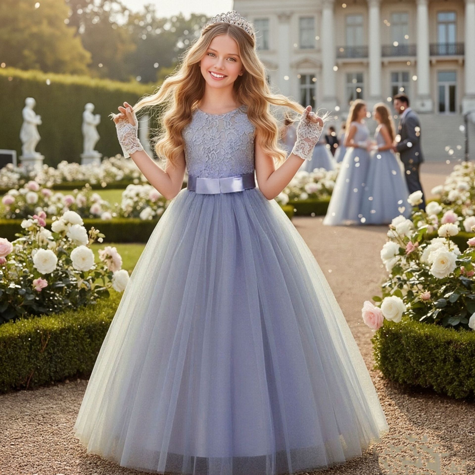 (Wholesale), children's elegant long lace evening dress, Korean style, high waist, princess style 4