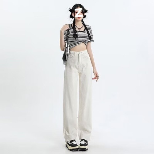 2025 Spring Trend High-Waisted Women's White Jeans with a Sense of Elegance Loose Slimming Tall Heels Straight Leg Wide Leg Floor-Length Pants