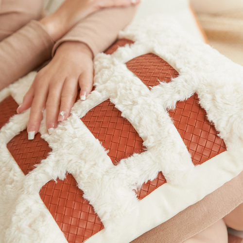 Nordic minimalist plush sofa cushion boutique hotel model room decoration backrest cushion PU splicing waist cushion cushion cover