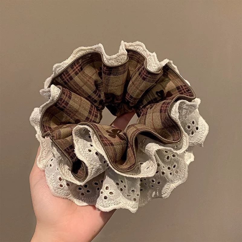 3# coffee color plaid bow printed lace hair tie about 15cm