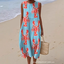 2025欧美跨境独立站夏季新款3D数码印花图案无袖圆领长袖连衣裙