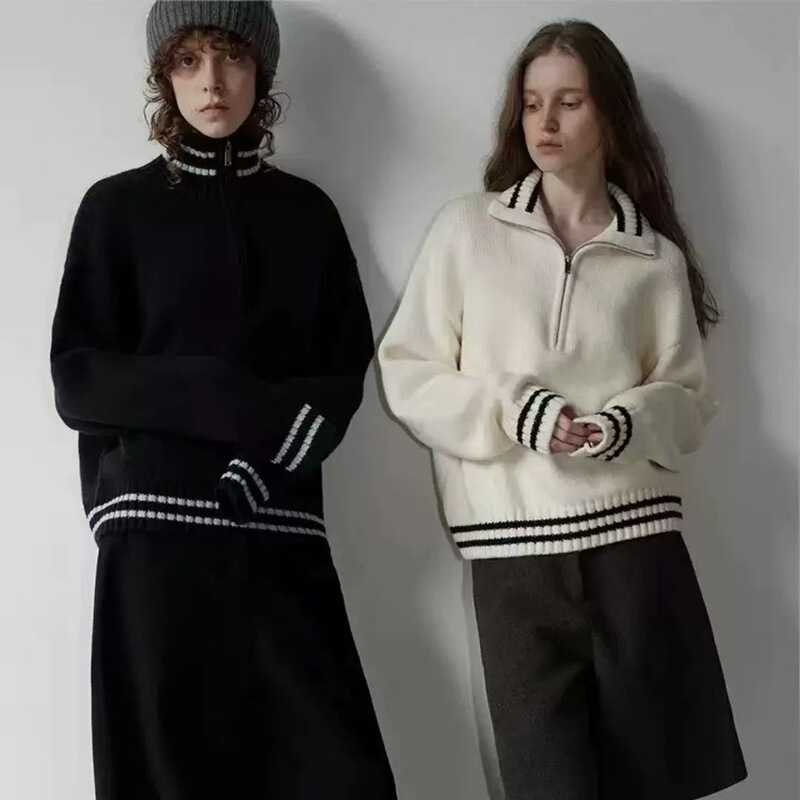 Korean Retro High-Neck Striped Contrast Zipper Sweater for Women Winter College Style Design Loose Thickened Sweater Korean Retro High-Neck Striped Contrast Zipper Sweater for Women Winter College Style Design Loose Thickened Sweater