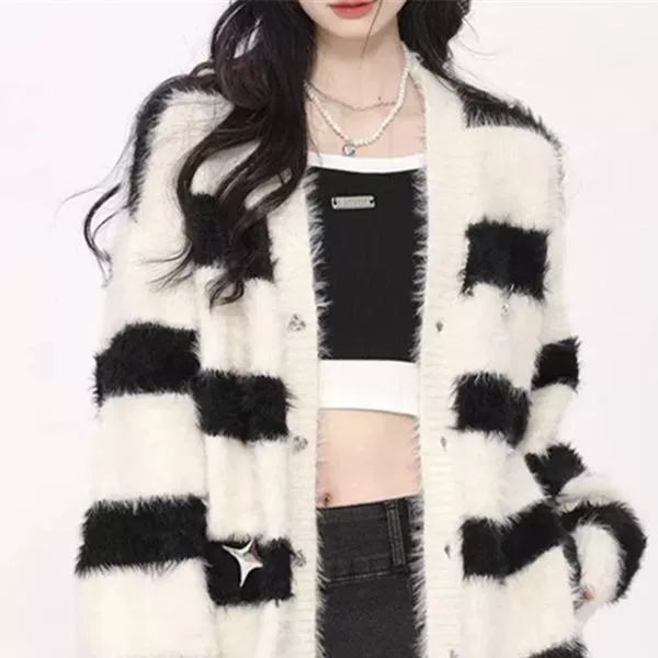 Женский кардиган-свитер из искусственного меха норки, новинка 2025 года, весна-осень-зима, свободный крой, повседневный стиль, полосатый, универсальный вязаный свитер