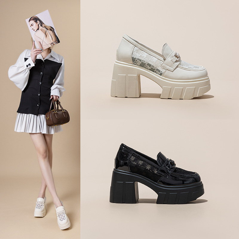 Thick bottom loafers women's 2025 spring new breathable mesh academic style small leather shoes 10cm height women's shoes