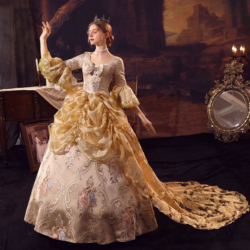 Golden Jacquard Tail European Palace Performance Costume Russian Tea Party Photo Drama Dress