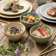 复古个性条纹陶瓷米饭碗一人食餐厅酒店燕麦早餐碗甜品糕点料理碗
