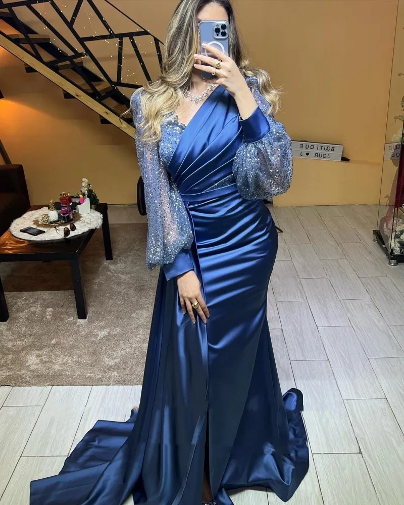 Elegant Women's Evening Dress With Puff Sleeves And Front Slit_voghion.com