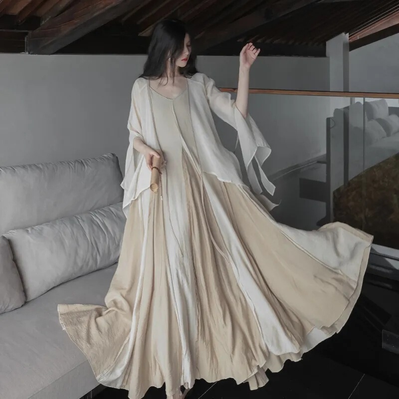 Plain irregular pleated New Chinese style super long ankle-length super large hem frayed stitching artistic heavy work sling dress