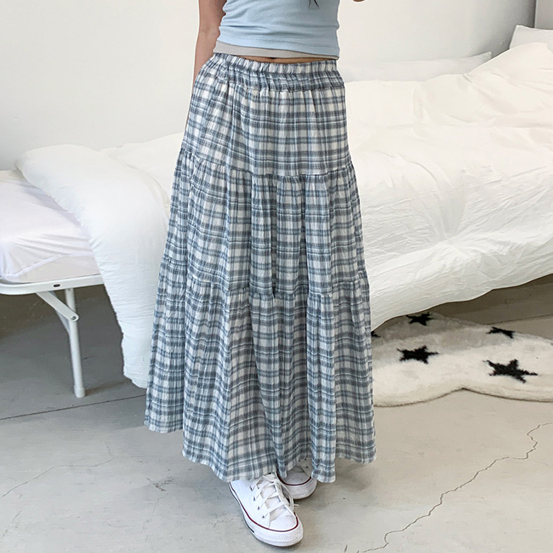 甜美风蓝色格纹拼接半身裙裙女2025夏季美式辣妹高腰A字裙长裙潮|undefined