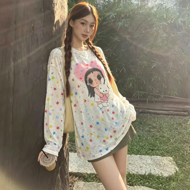 Korean-style star and jade print T-shirt for women, thin, 2026 summer new model, loose-fitting, long-sleeved, slightly transparent, sun-protective top Korean-style star and jade print T-shirt for women, thin, 2026 summer new model, loose-fitting, long-sleeved, slightly transparent, sun-protective top