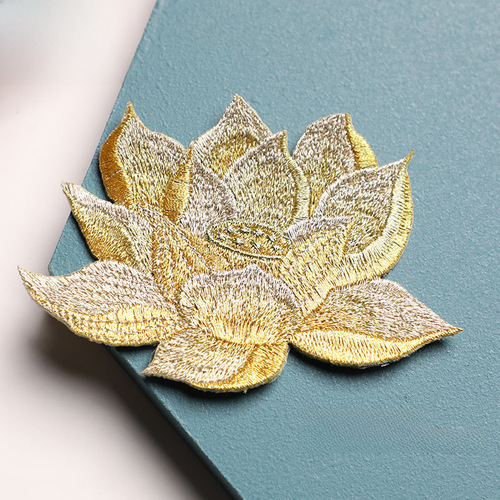 Lotus Chinese Style Embroidered Fabric Patch DIY Fan-Shaped Jewelry Box Clothing Decor 4 Colors Available Adhesive Backed Heat Transfer Patch