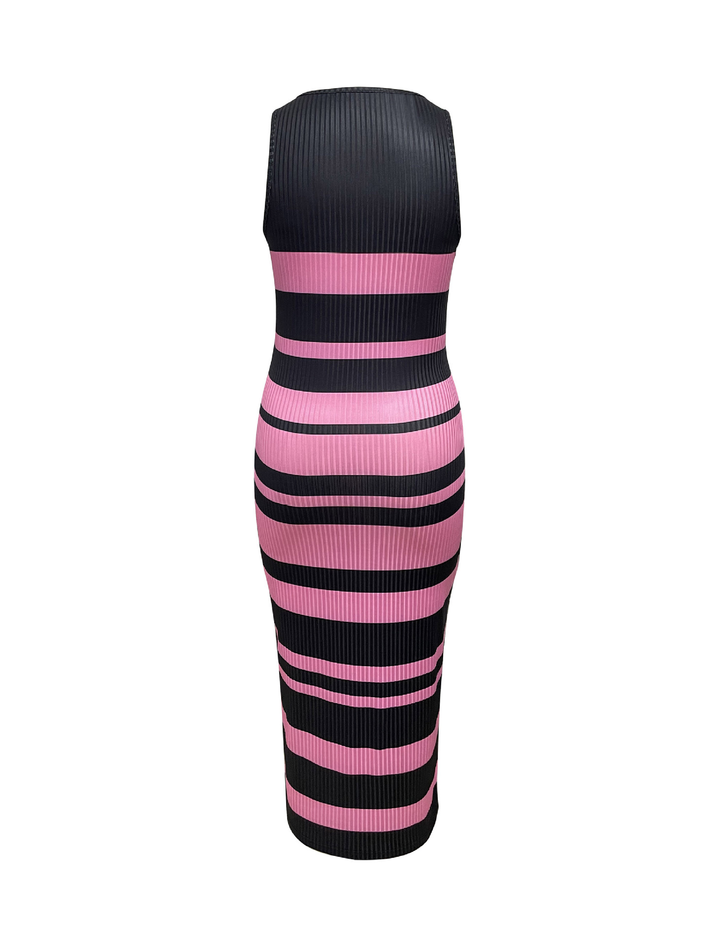Women's Slim Fit Sleeveless Ribbed Stripe Print V-Neck Midi Dress For Casual & Office Wear Versatile Style Statement_ecoleips.com