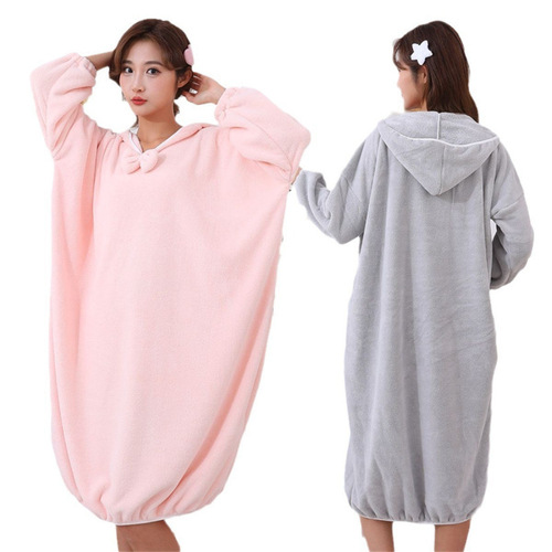 Women's Adult Fall/Winter Robe, Pure Cotton Quick-Drying Home Bath Towel, Hooded Long-Sleeved Robe with Hood