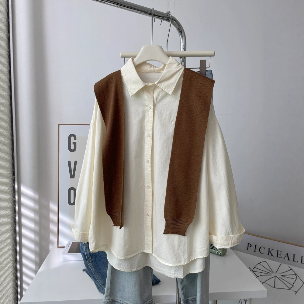 Lazy and Comfortable Elegant Casual White Shirt with Shawl Women's Summer and Spring Smart Work Clothing Loose Two-Piece Shirt 5976