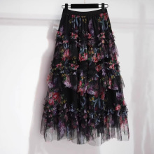 外貿重工韓系拼接網紗仙女大擺蓬蓬長款蛋糕印花法式蕾絲半身裙