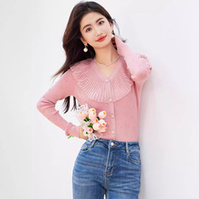 法式小香风V领荷叶边针织衫女2024秋季新款长袖修身显瘦开衫毛衣