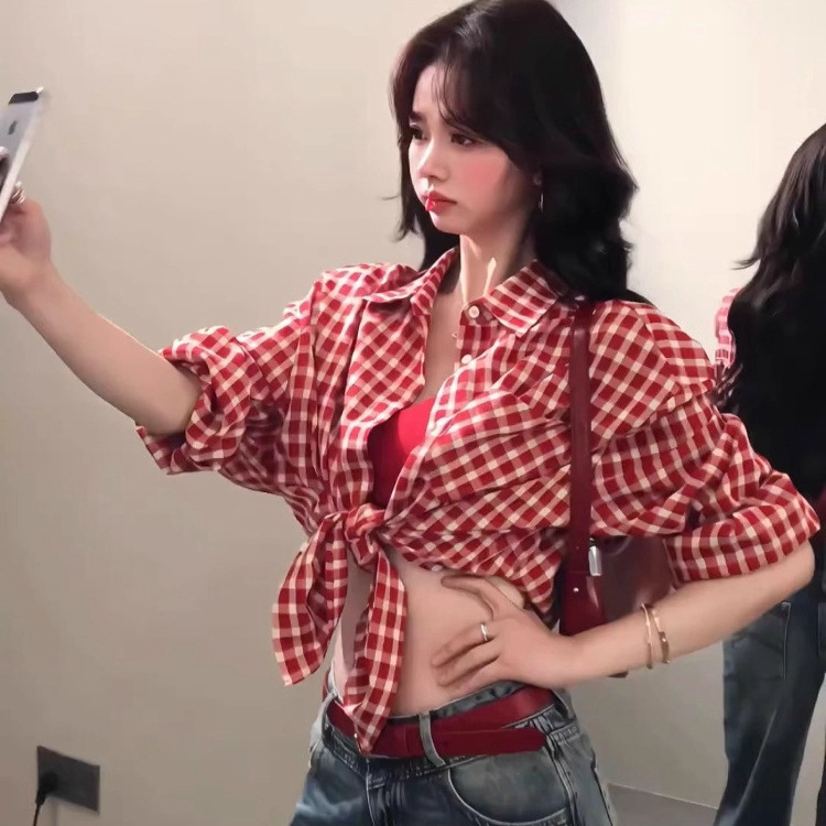 Hong Kong Style Retro Red Plaid Shirt Jacket Women's Vintage Relaxed Casual Sun Protection Niche Shirt Jacket