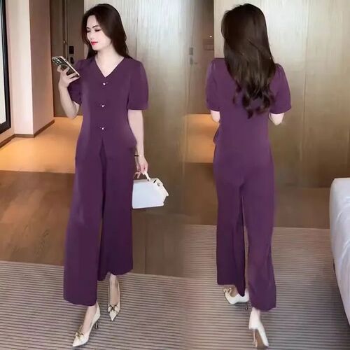 Women's 2025 Summer Ice Silk Set of 2 - New Chinese Style Fashion, Stylish and Slimming, Bodice Button Short Sleeve Wide Leg Pants