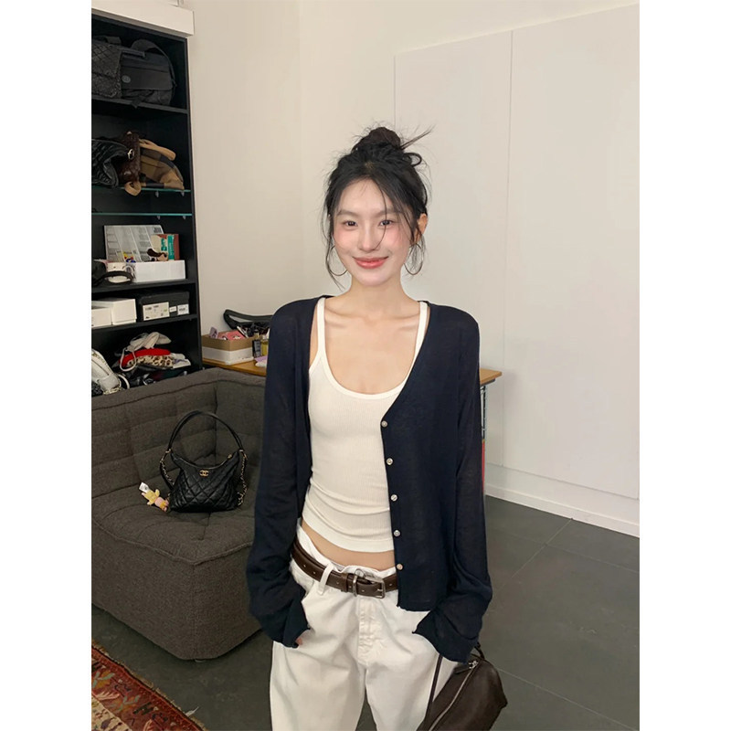 Navy Blue Sun-Protective Cardigan for Women, Paired with a Camisole, Summer Lightweight Cover-Up, Long-Sleeve Knitted Sheer Top, Thin Jacket