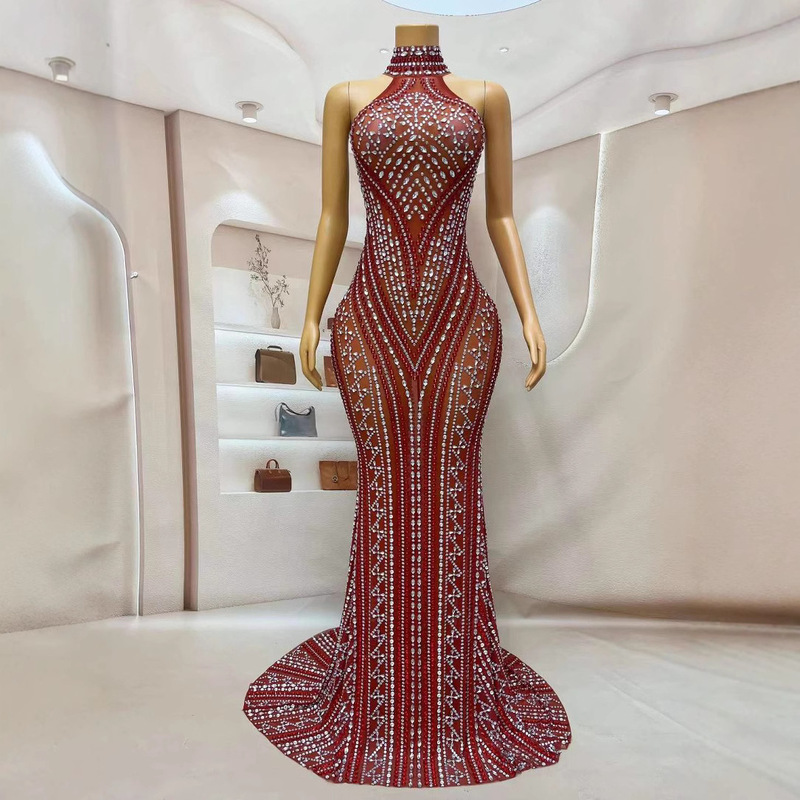 2025 cross-border Europe and the United States new wine red annual meeting host evening dress rhinestone sleeveless maxi skirt dress tail
