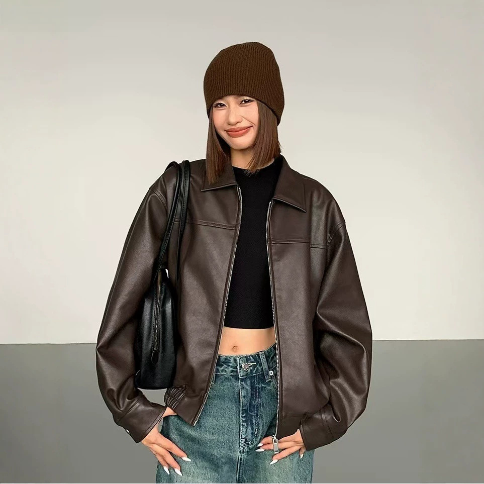 European and American Cross-Border Casual Loose Pu Leather Jacket for Women 2026 Autumn and Winter New Hong Kong Style Retro Motorcycle Jacket for Women