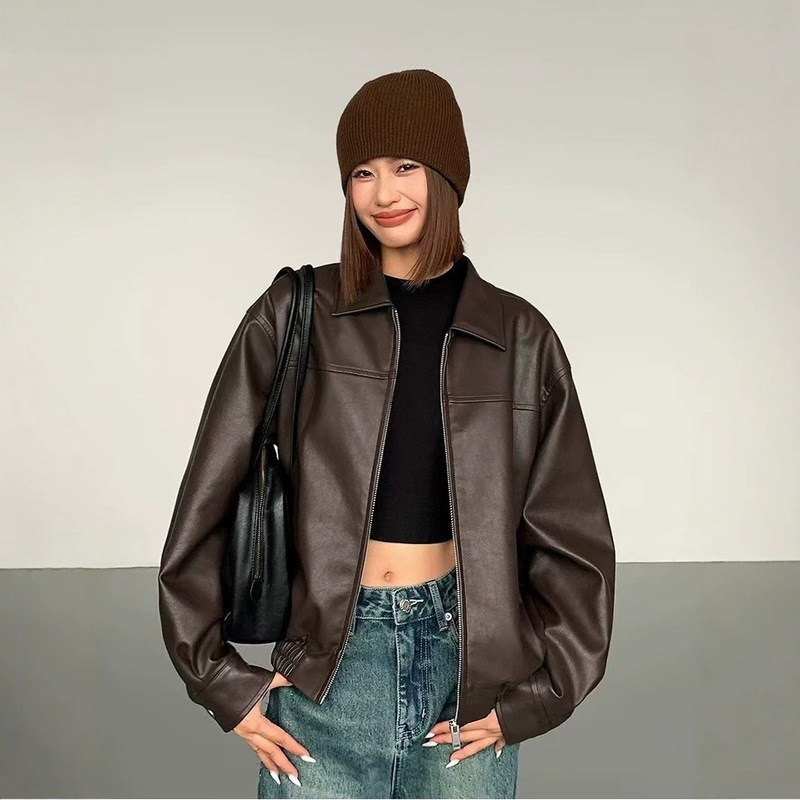 European and American Cross-Border Casual Loose Pu Leather Jacket for Women 2026 Autumn and Winter New Hong Kong Style Retro Motorcycle Jacket for Women