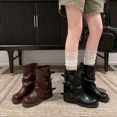月屿皮质美拉德中筒马丁靴女复古英伦内增高粗跟褶皱堆堆裤管短靴