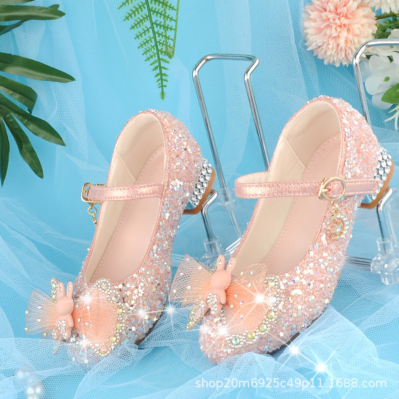 Elsa Girls' Children's Princess Shoes Autumn Shiny Crystal Low Heel Internet Celebrity High Heels Wholesale Princess Style