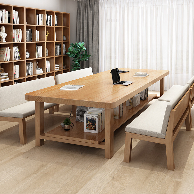 Nordic Double-Layer Solid Wood Desk for Home Use, Long Workbench for Living Room, Student Desk, Children's Study High-End Table