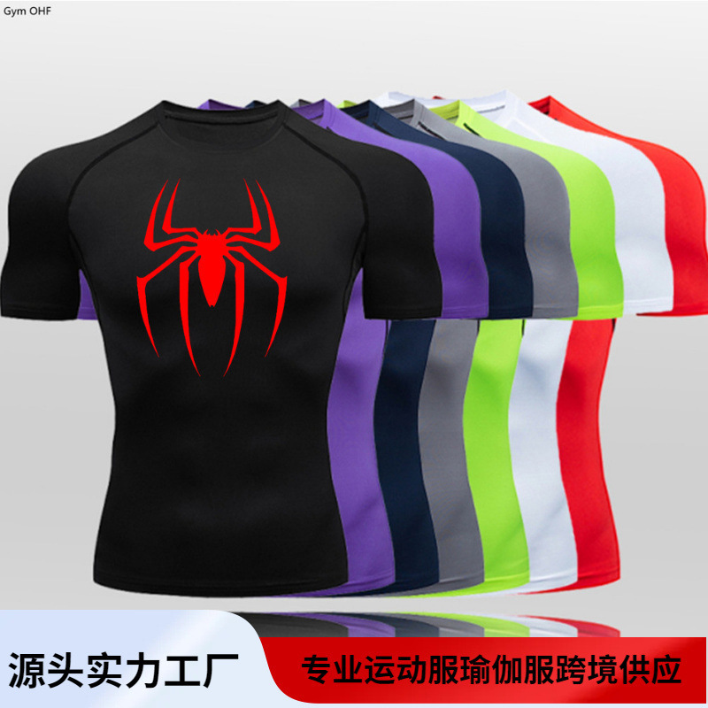 Spider-Man Explosions Cross-border Manufacturers Sell Men's Fitness Tight T-Shirt Quick-drying High-stretch Sports Top T-shirt