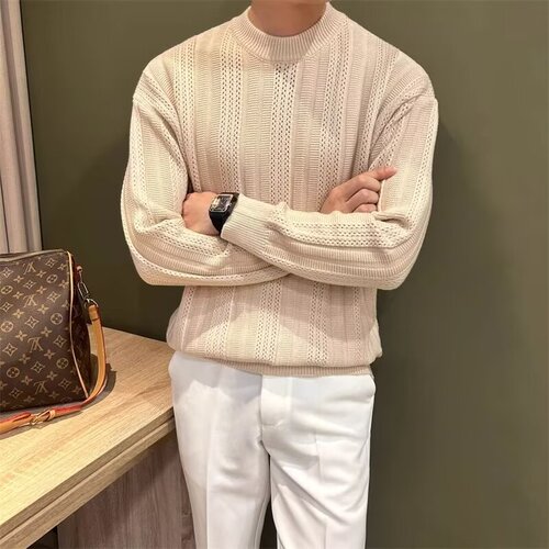 Trendy punk handsome relaxed sense of micro-hollow art design twisted flower solid color comfortable crew neck long sleeve knit sweater for men