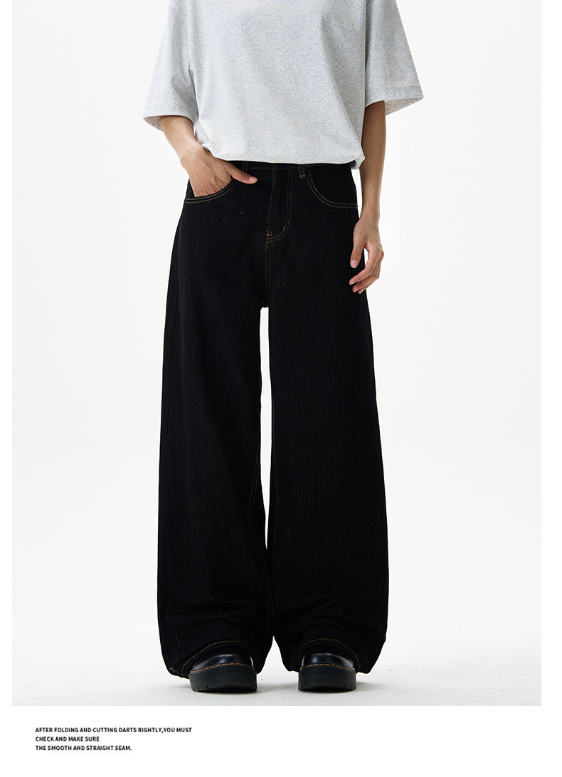 LKTM Classic Black Washed Denim Trousers Relaxed Fit Wide Leg Jeans for Men And Women Cleanfit Aesthetic_viptrois.com