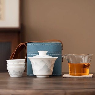 White Porcelain Travel Tea Set Portable suit Glass Teapot Teacup Outdoor Camping Express Cup One-person Drinking Portable Bag