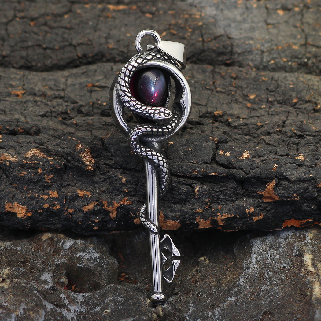 Gothic Snake Pendant Necklace In Stainless Steel With Gemstone_voghion.com