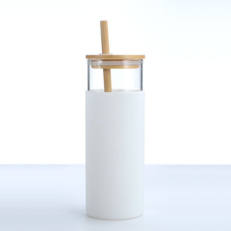En stock Amazon transfronteriza cubierta de bambú de una sola capa de vidrio de borosilicato con cubierta de silicona paja japonesa taza portátil de impresión LO
