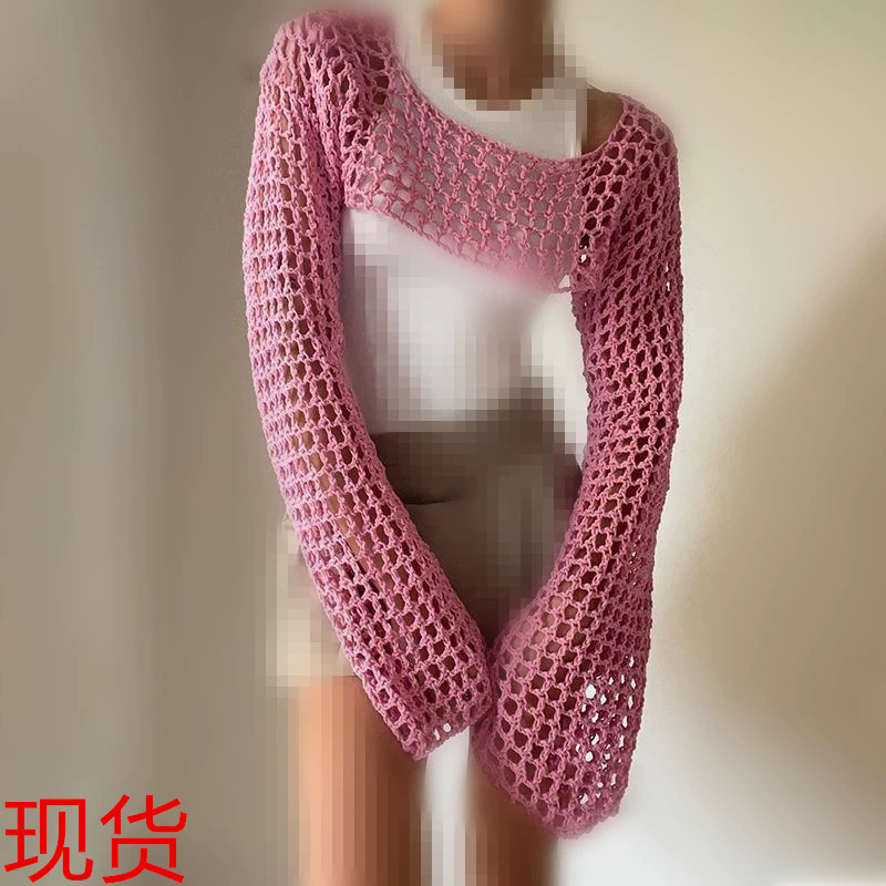 跨境亚马逊 性感欧美镂空针织衫纯色圆领长袖针织罩衫2025新款